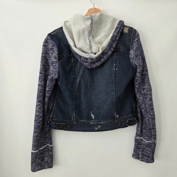 Free People Denim Jacket Knit Sleeve Hooded Distressed Mixed Fabric Blue Medium - Picture 2 of 5
